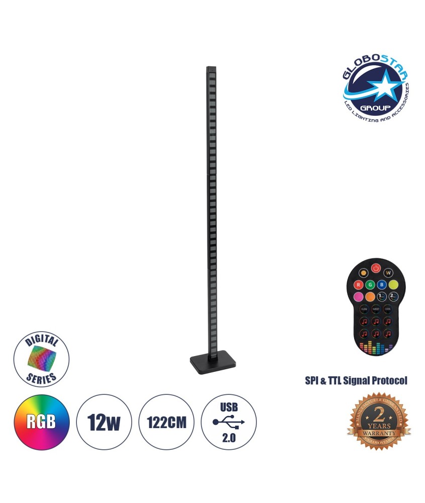 GLOBOSTAR® DIGICOLUMN 90762 Μοντέρνο Επιδαπέδιο Γραμμικό Ψηφιακό Φωτιστικό Digital Pixel Symphony Bar με RF Ασύρματο Χειριστήριο LED 12W 960lm 90° DC 5V με USB 2.0 IP20 Πολύχρωμο RGB Dimmable - Μαύρο - Μ3.4 x Π2.5 x Υ122cm - 2 Χρόνια Εγγύηση